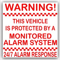 2 x 87mm Red on White Stickers-Vehicle Protected by a Monitored Alarm System-Car,Motorbike,Bike,Van,Truck,Taxi,Coach,Minicab,Mini-24/7 Reponse-Security Signs 